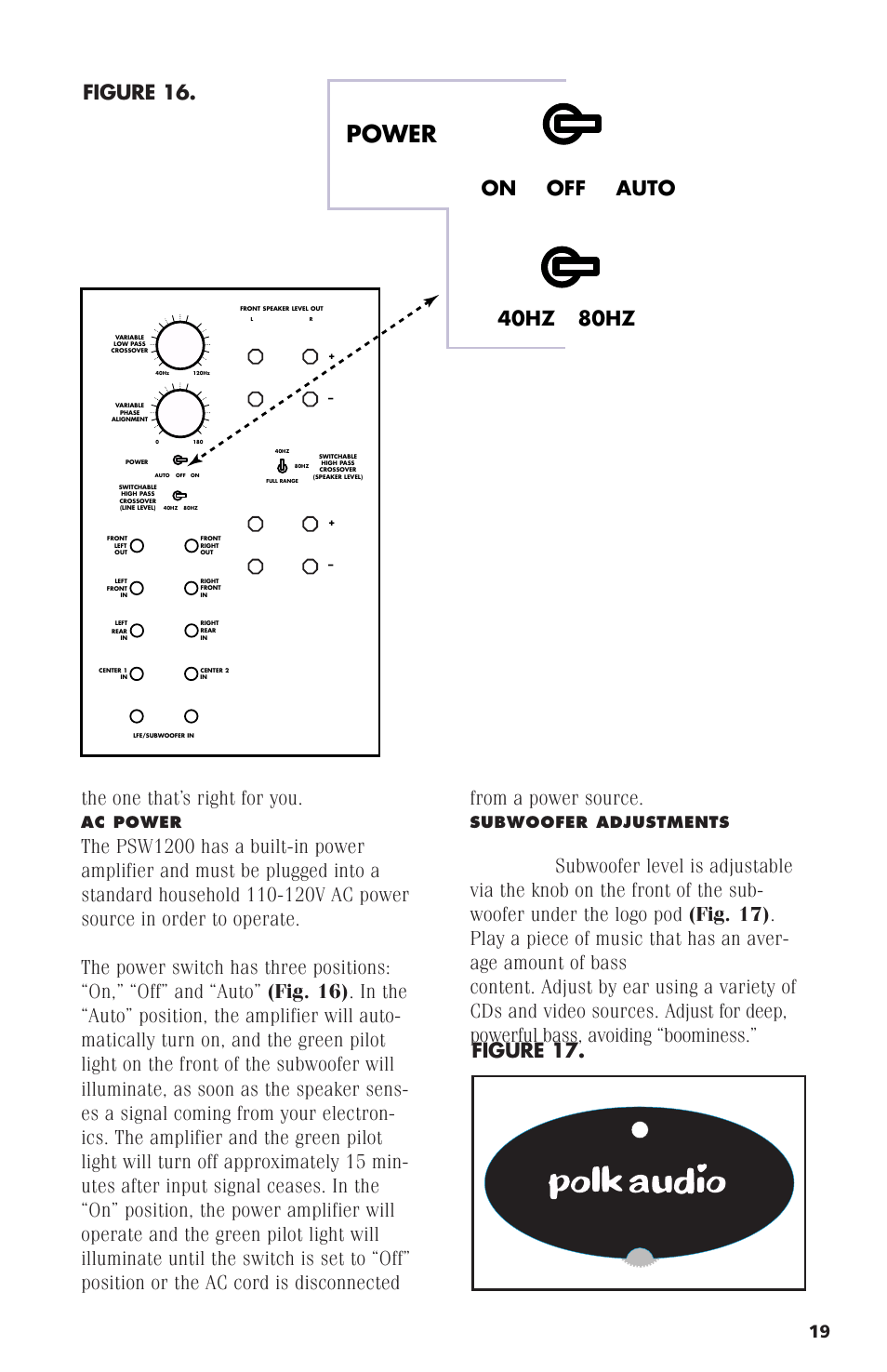 Power, The one that’s right for you, On off auto 40hz 80hz | Figure 16, Figure 17, Ac power | Polk Audio Subwoofer PSW1200 User Manual | Page 11 / 24