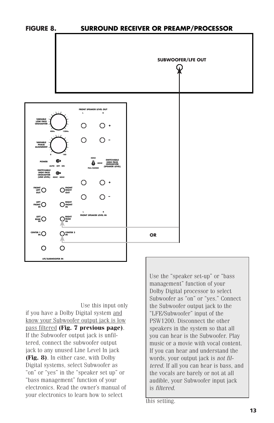 Figure 8, Lfe/subwoofer in, Subwoofer/lfe out or | Polk Audio Subwoofer PSW1200 User Manual | Page 23 / 24