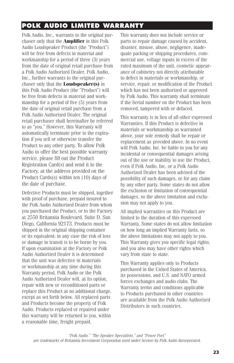 Polk audio limited warranty | Polk Audio Subwoofer PSW1200 User Manual | Page 3 / 24