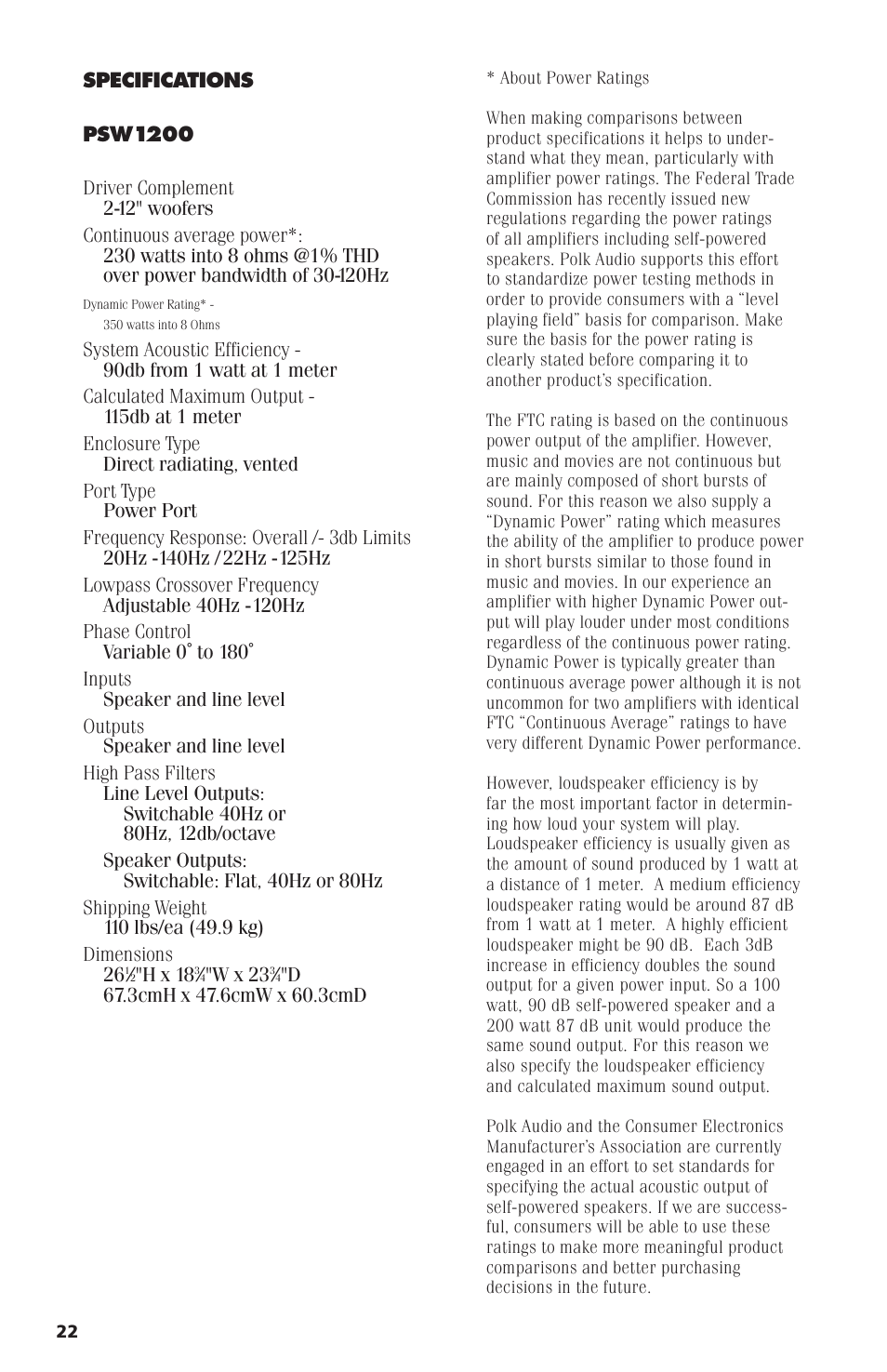 Polk Audio Subwoofer PSW1200 User Manual | Page 4 / 24