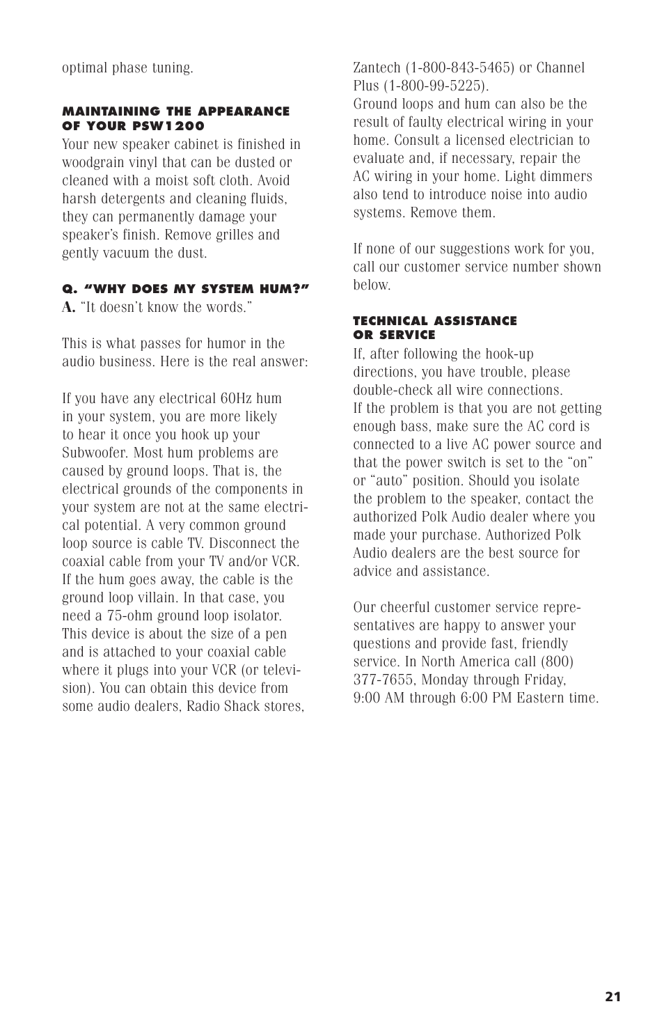 Polk Audio Subwoofer PSW1200 User Manual | Page 7 / 24