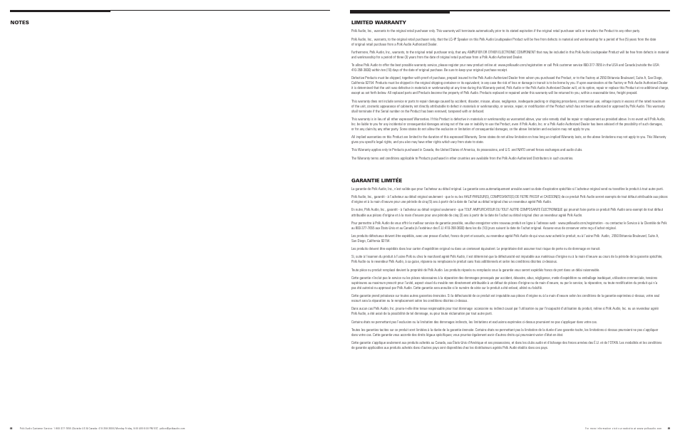 Limited warranty, Garantie limitée | Polk Audio LC80i-IP User Manual | Page 10 / 11