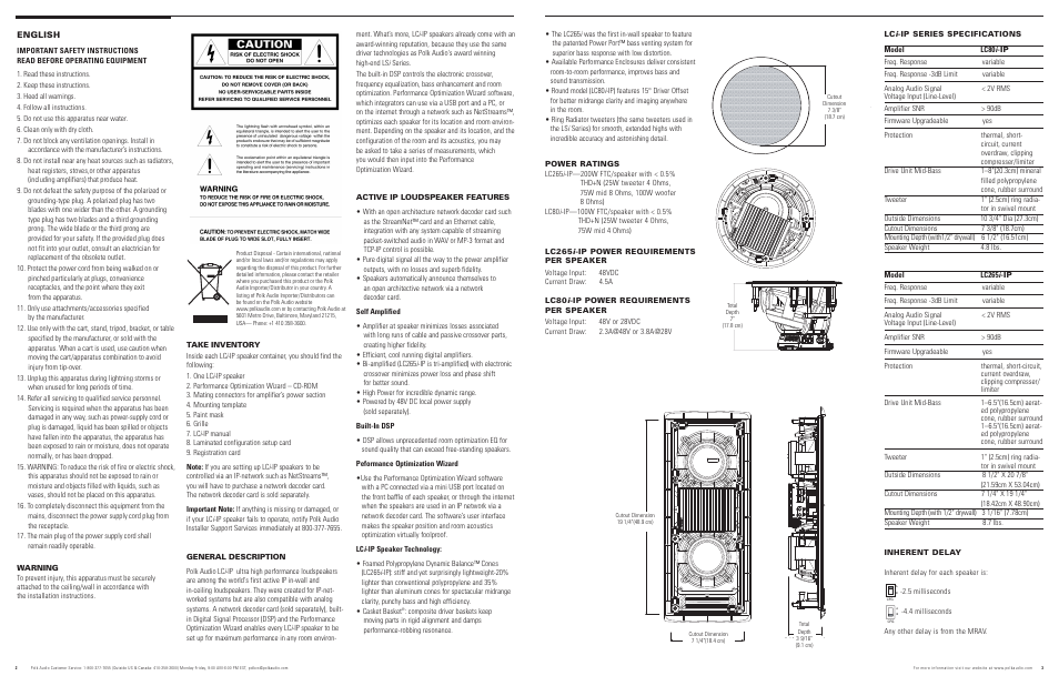 English, Hookup | Polk Audio LC80i-IP User Manual | Page 2 / 11