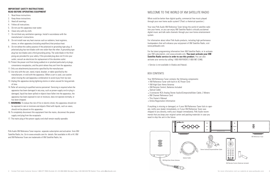 Welcome to the world of xm satellite radio, Box contents | Polk Audio XRt112 User Manual | Page 2 / 7