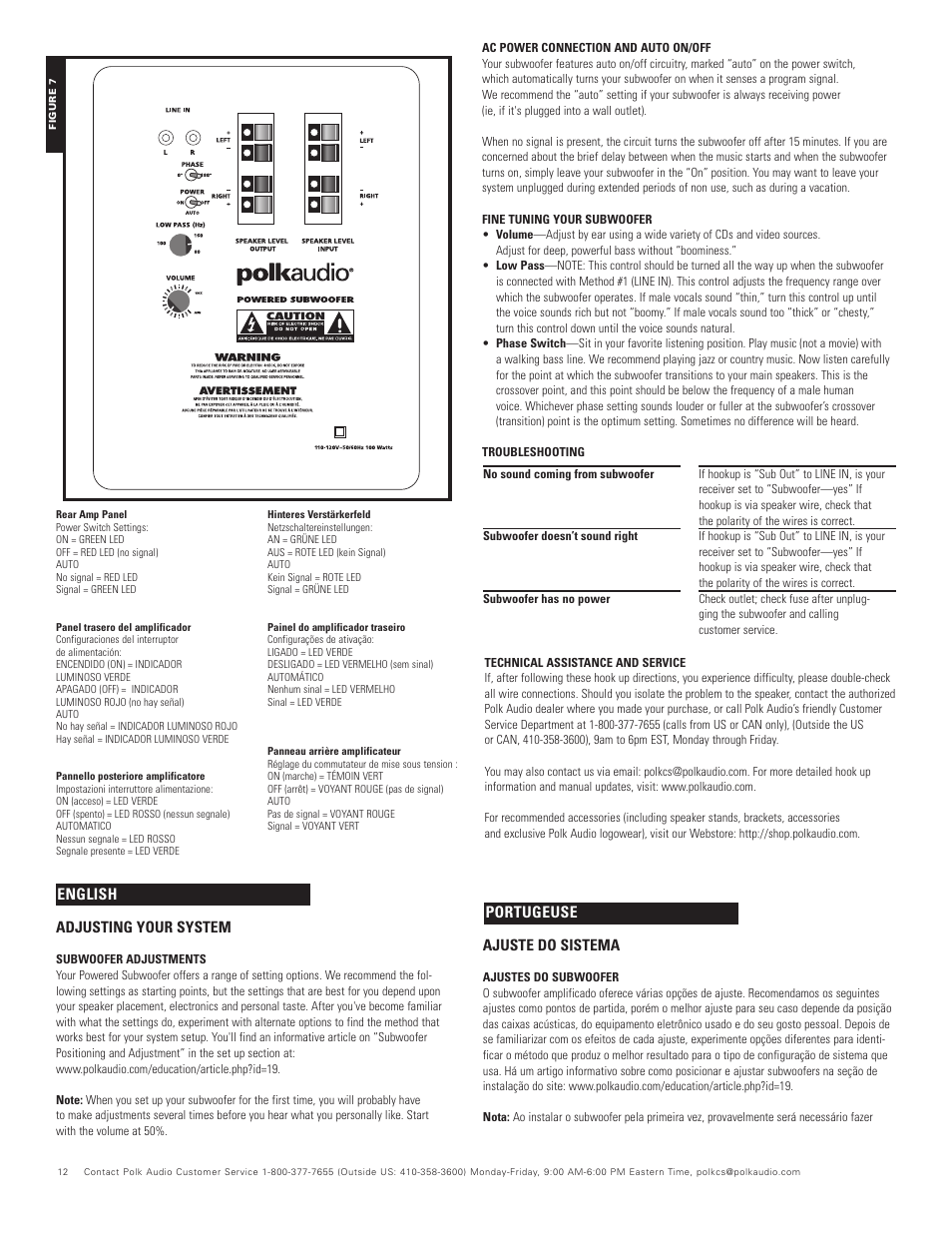 Ajuste do sistema, English portugeuse, Adjusting your system | Polk Audio BLACKSTONE TL TL2600 User Manual | Page 12 / 16