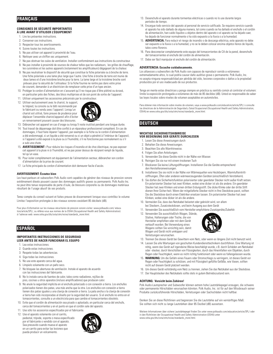 Français, Español deutsch | Polk Audio BLACKSTONE TL TL2600 User Manual | Page 2 / 16