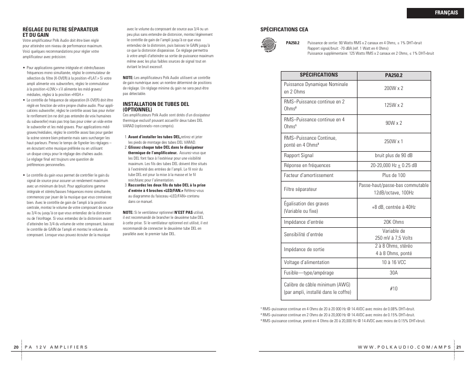 Polk Audio 2 Channel Amplifier PA250.2 User Manual | Page 11 / 31