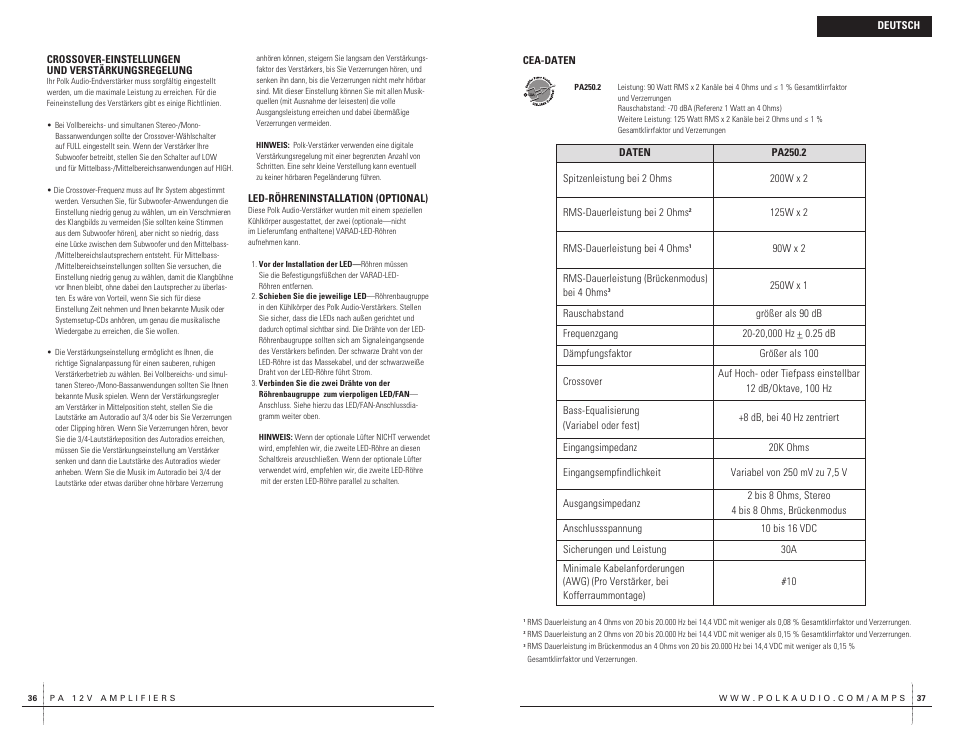 Polk Audio 2 Channel Amplifier PA250.2 User Manual | Page 19 / 31