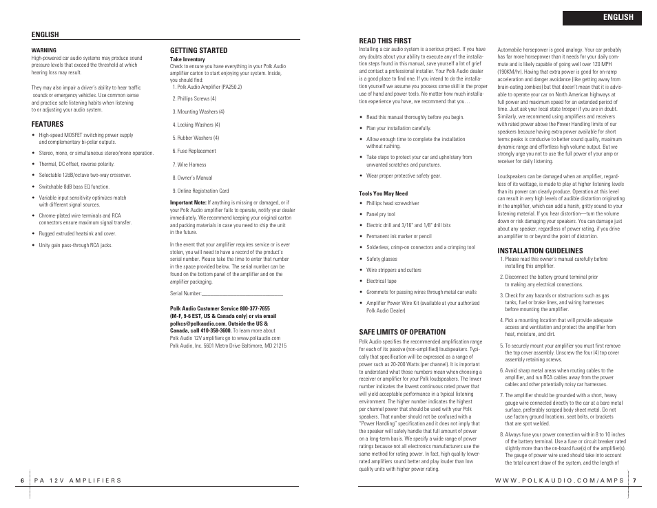 English | Polk Audio 2 Channel Amplifier PA250.2 User Manual | Page 4 / 31