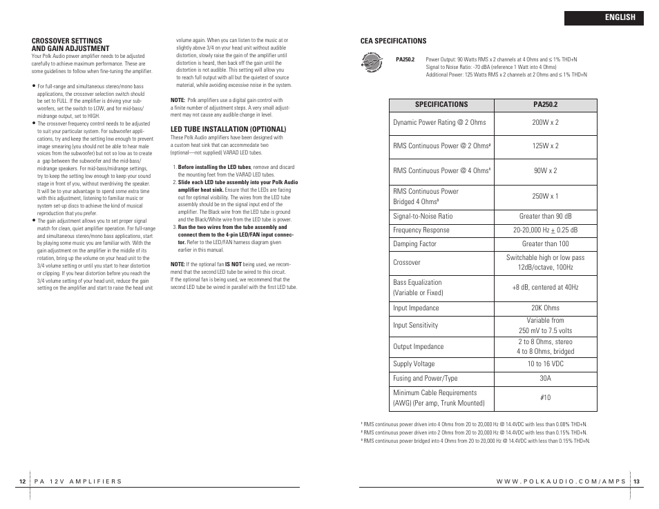 Polk Audio 2 Channel Amplifier PA250.2 User Manual | Page 7 / 31