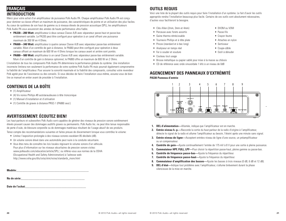 Français introduction, Contenus de la boîte, Avertissement: écoutez bien | Outils requis, Agencement des panneaux d’extrémité | Polk Audio PA880 User Manual | Page 11 / 29