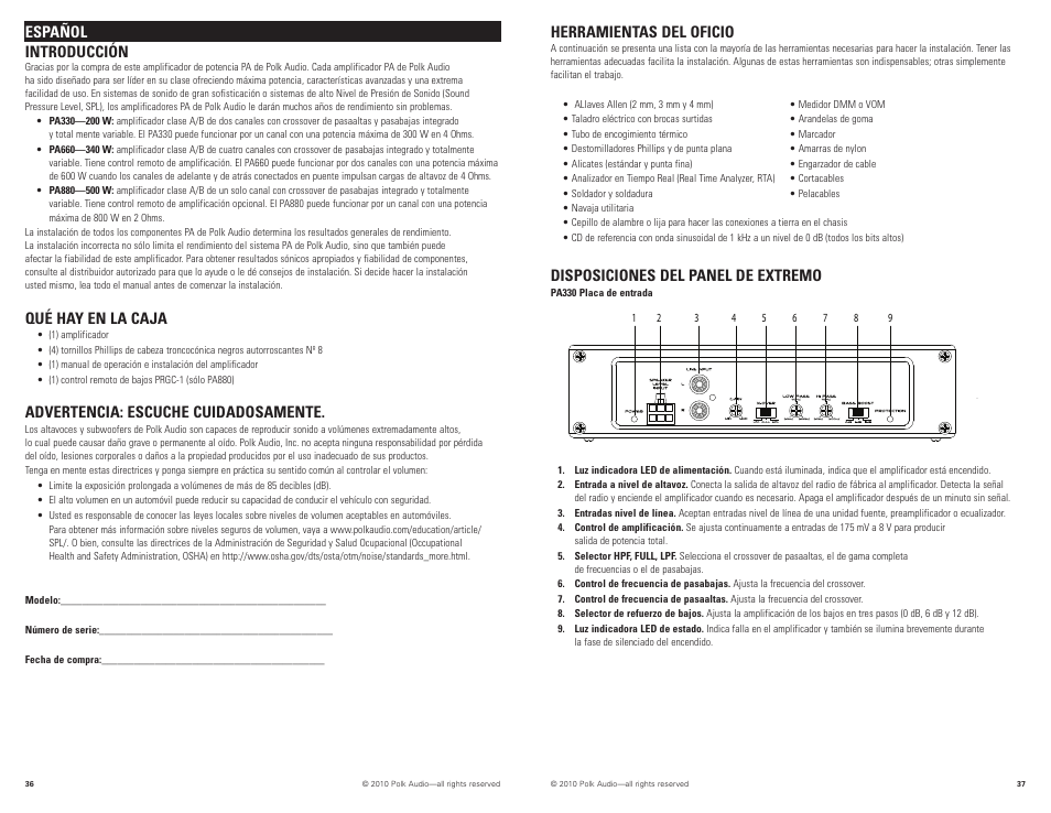 Español introducción, Qué hay en la caja, Advertencia: escuche cuidadosamente | Herramientas del oficio, Disposiciones del panel de extremo | Polk Audio PA880 User Manual | Page 19 / 29