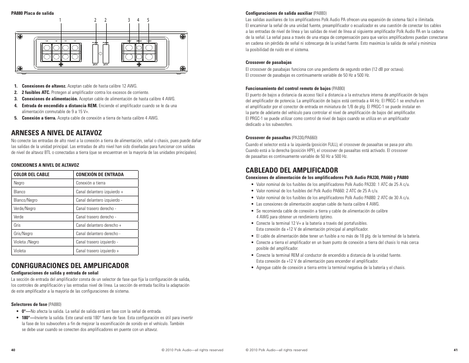 Arneses a nivel de altavoz, Configuraciones del amplificador, Cableado del amplificador | Polk Audio PA880 User Manual | Page 21 / 29