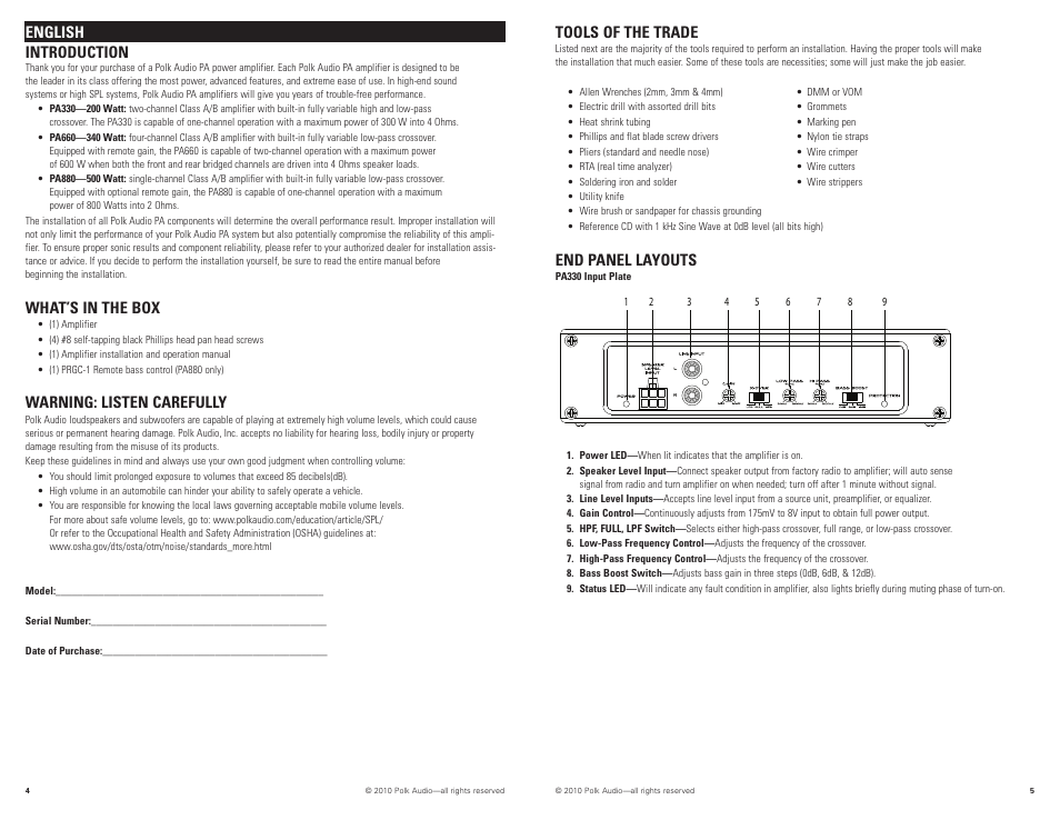 English introduction, What’s in the box, Warning: listen carefully | Tools of the trade, End panel layouts | Polk Audio PA880 User Manual | Page 3 / 29