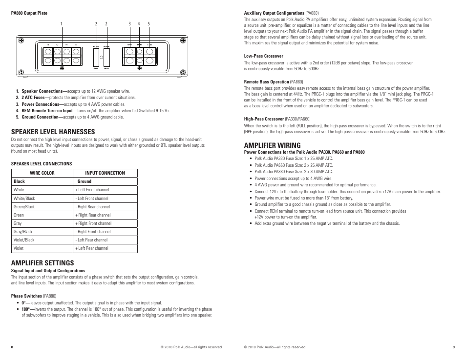 Speaker level harnesses, Amplifier settings, Amplifier wiring | Polk Audio PA880 User Manual | Page 5 / 29