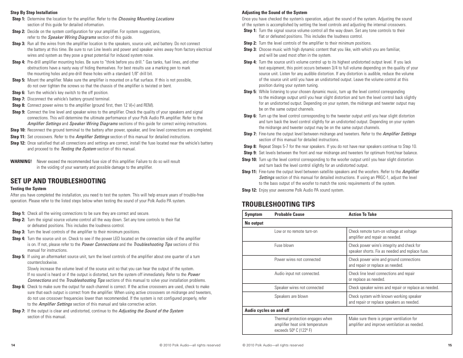 Set up and troubleshooting, Troubleshooting tips | Polk Audio PA880 User Manual | Page 8 / 29