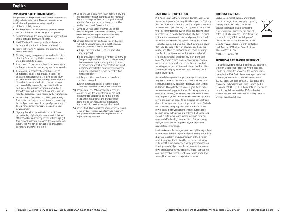 English | Polk Audio Atrium Sat30 User Manual | Page 2 / 23