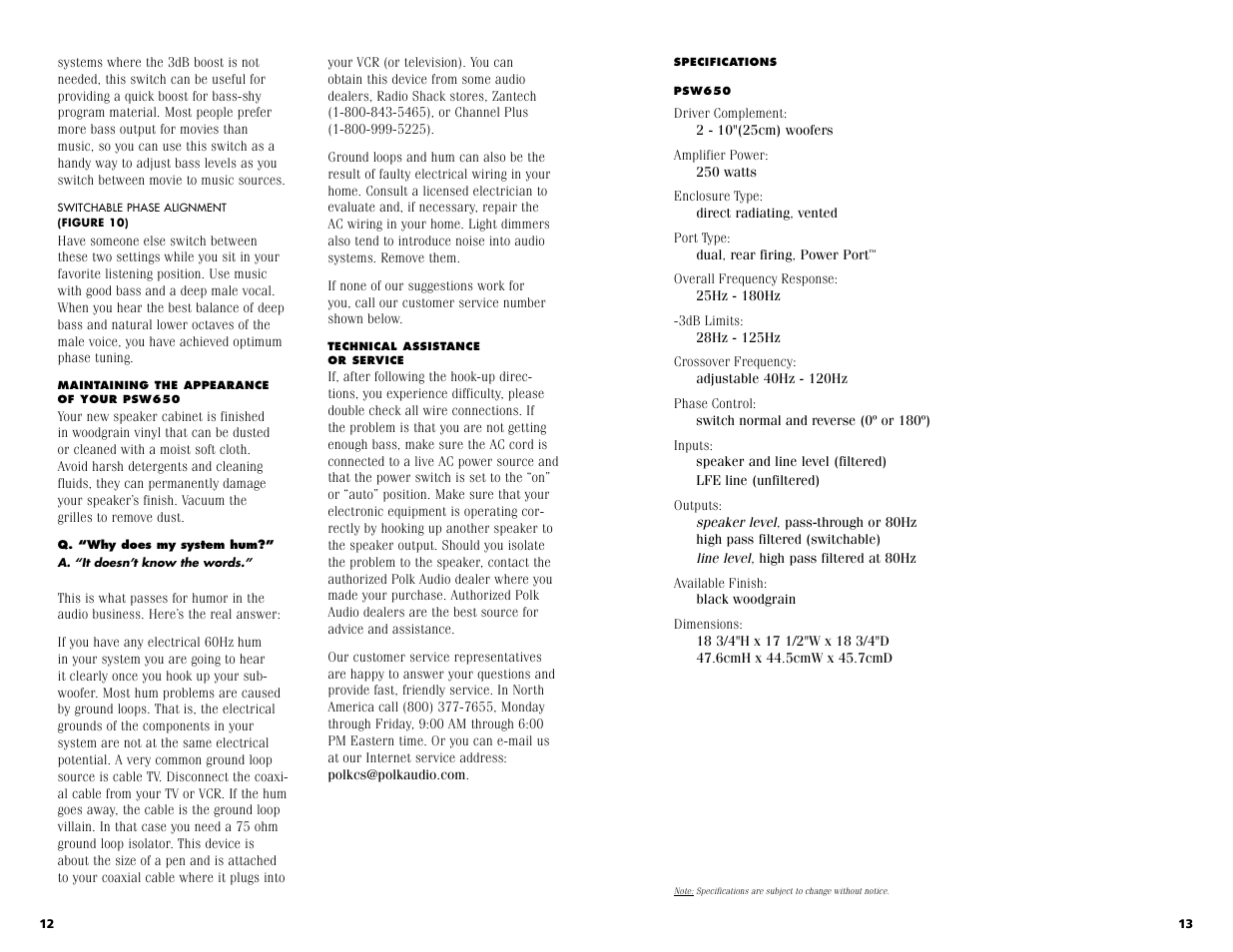 Specs | Polk Audio PSW 650 User Manual | Page 13 / 15