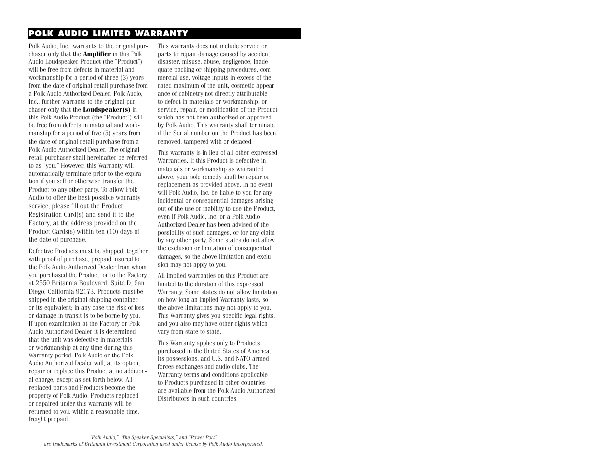 Warranty | Polk Audio PSW 650 User Manual | Page 14 / 15