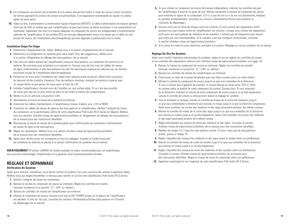 Réglage et dépannage | Polk Audio PAD1000.1 User Manual | Page 10 / 32