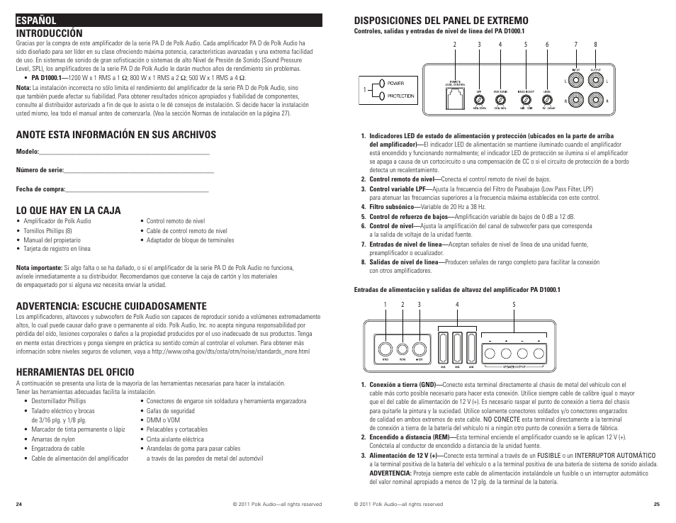 Disposiciones del panel de extremo, Español introducción, Lo que hay en la caja | Advertencia: escuche cuidadosamente, Herramientas del oficio | Polk Audio PAD1000.1 User Manual | Page 13 / 32