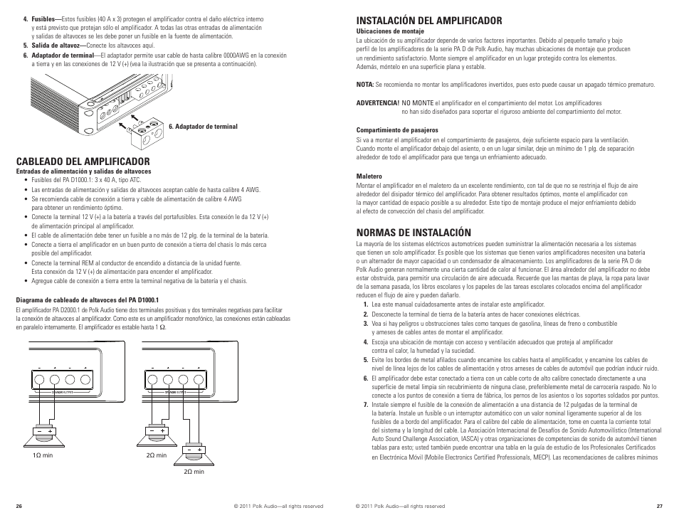 Instalación del amplificador, Normas de instalación, Cableado del amplificador | Polk Audio PAD1000.1 User Manual | Page 14 / 32