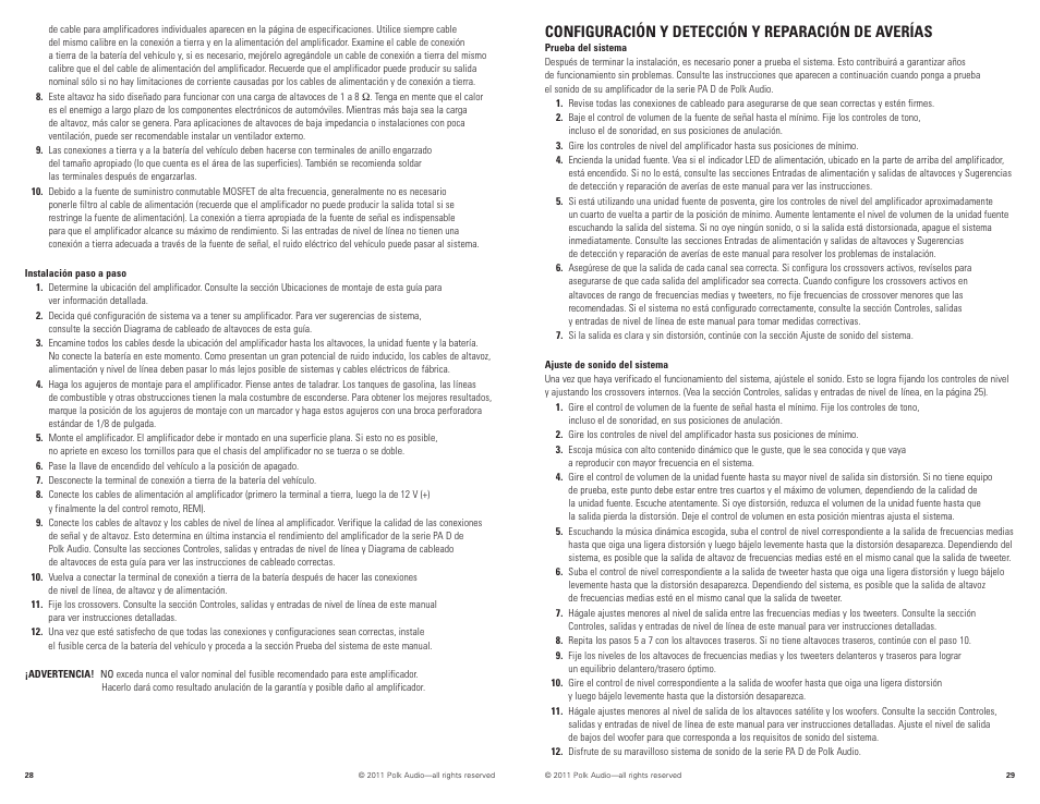 Configuración y detección y reparación de averías | Polk Audio PAD1000.1 User Manual | Page 15 / 32