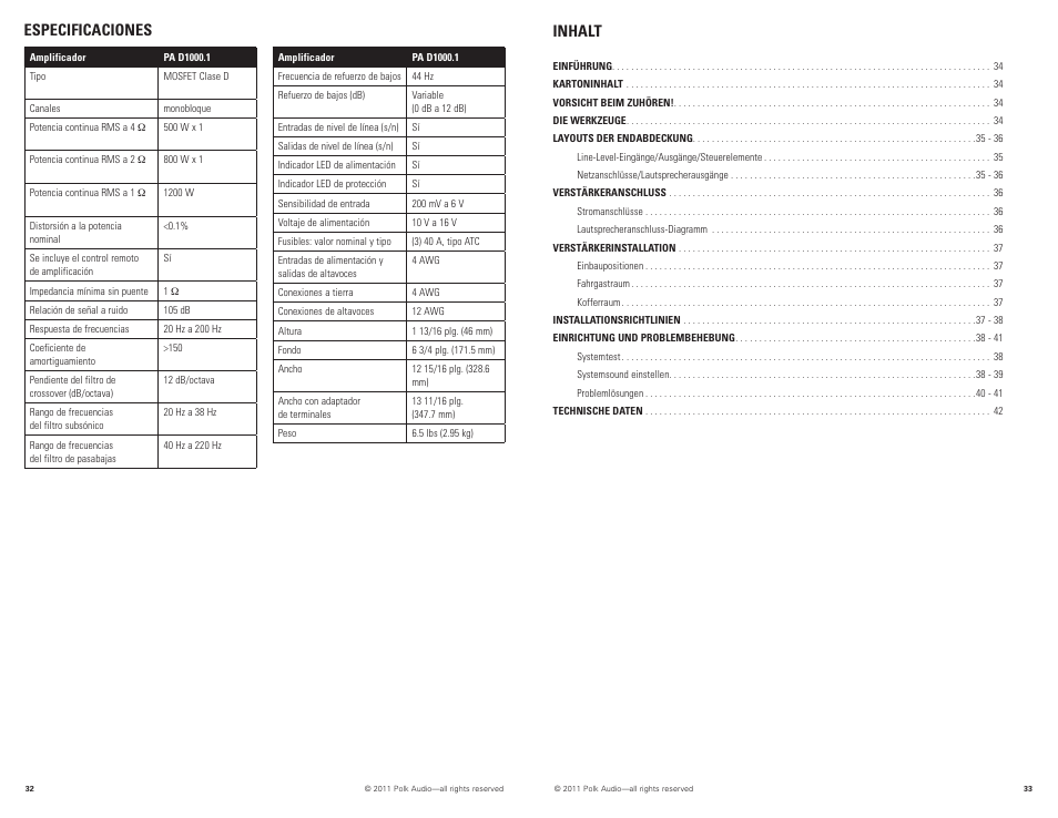Especificaciones inhalt | Polk Audio PAD1000.1 User Manual | Page 17 / 32