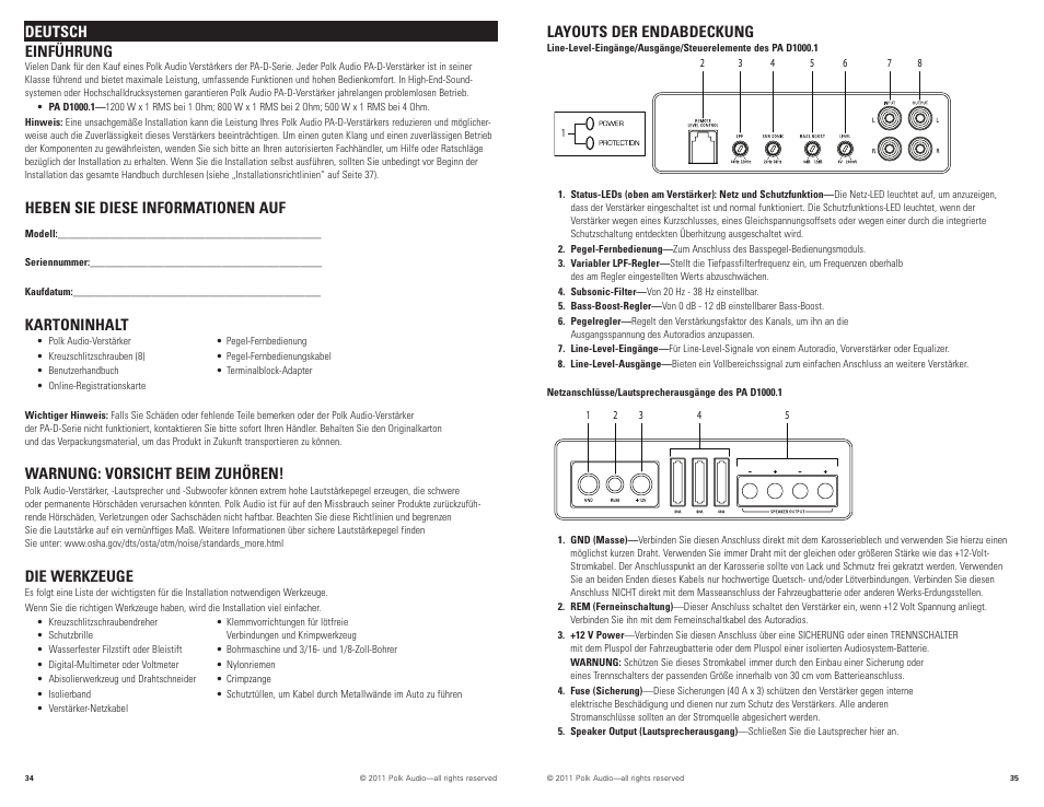 Layouts der endabdeckung, Deutsch einführung, Heben sie diese informationen auf | Kartoninhalt, Warnung: vorsicht beim zuhören, Die werkzeuge | Polk Audio PAD1000.1 User Manual | Page 18 / 32