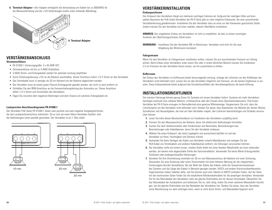 Verstärkerinstallation, Installationsrichtlinien, Verstärkeranschluss | Polk Audio PAD1000.1 User Manual | Page 19 / 32