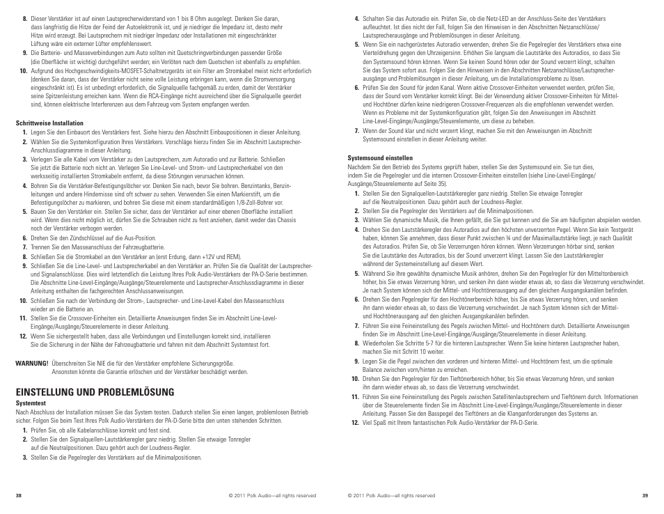 Einstellung und problemlösung | Polk Audio PAD1000.1 User Manual | Page 20 / 32