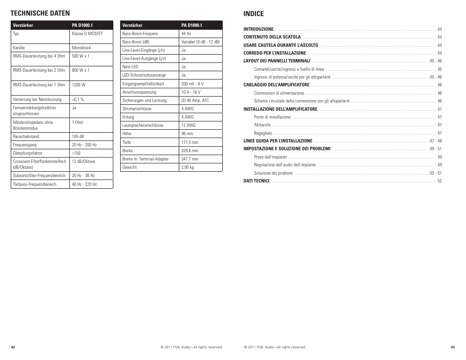 Technische daten indice | Polk Audio PAD1000.1 User Manual | Page 22 / 32