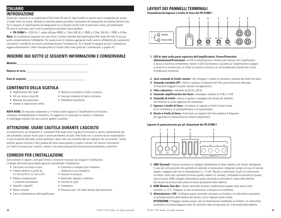 Layout dei pannelli terminali, Italiano introduzione, Contenuto della scatola | Attenzione. usare cautela durante l’ascolto, Corredo per l’installazione | Polk Audio PAD1000.1 User Manual | Page 23 / 32