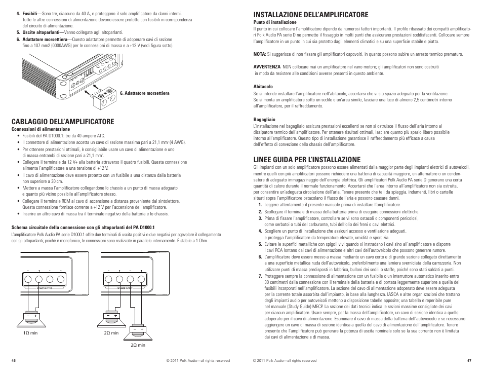 Installazione dell’amplificatore, Linee guida per l’installazione, Cablaggio dell’amplificatore | Polk Audio PAD1000.1 User Manual | Page 24 / 32