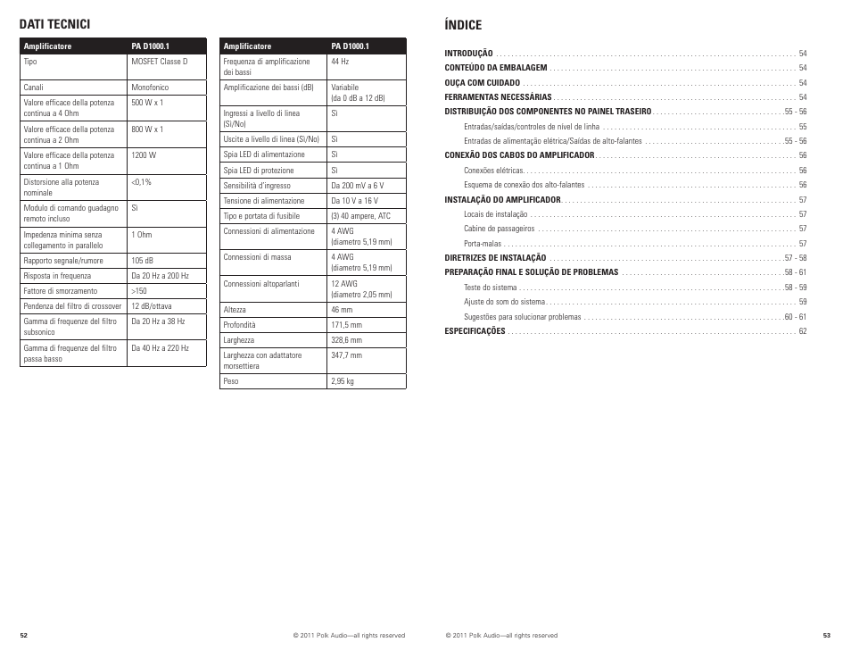 Dati tecnici índice | Polk Audio PAD1000.1 User Manual | Page 27 / 32