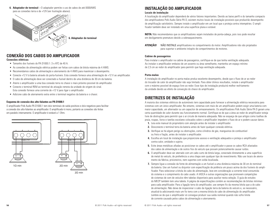 Instalação do amplificador, Diretrizes de instalação, Conexão dos cabos do amplificador | Polk Audio PAD1000.1 User Manual | Page 29 / 32