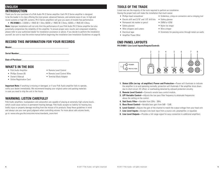 English introduction, Record this information for your records, What’s in the box | Warning: listen carefully, Tools of the trade, End panel layouts | Polk Audio PAD1000.1 User Manual | Page 3 / 32