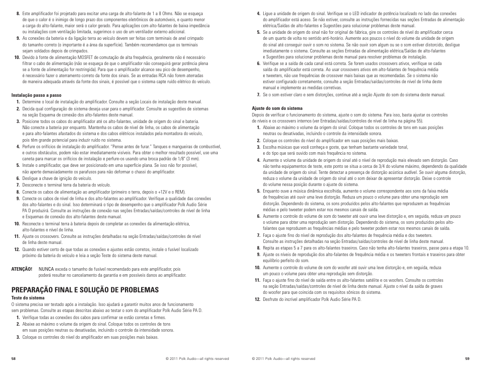 Preparação final e solução de problemas | Polk Audio PAD1000.1 User Manual | Page 30 / 32