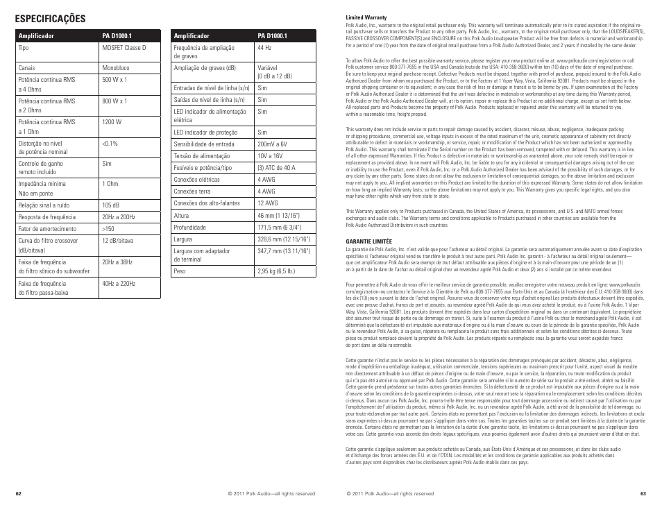 Especificações | Polk Audio PAD1000.1 User Manual | Page 32 / 32