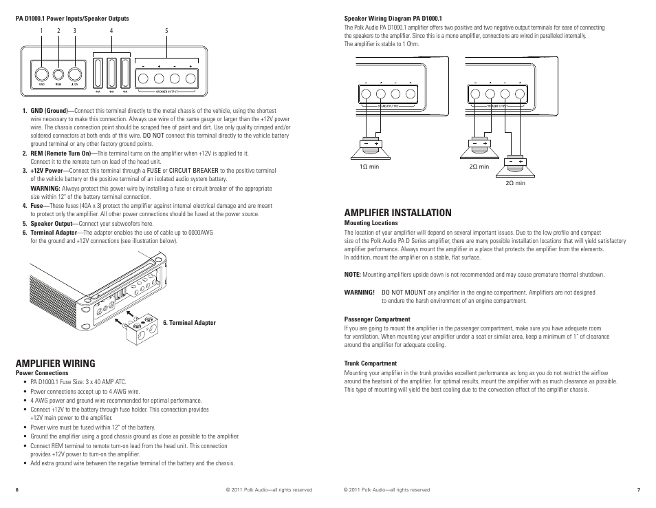 Amplifier wiring, Amplifier installation | Polk Audio PAD1000.1 User Manual | Page 4 / 32