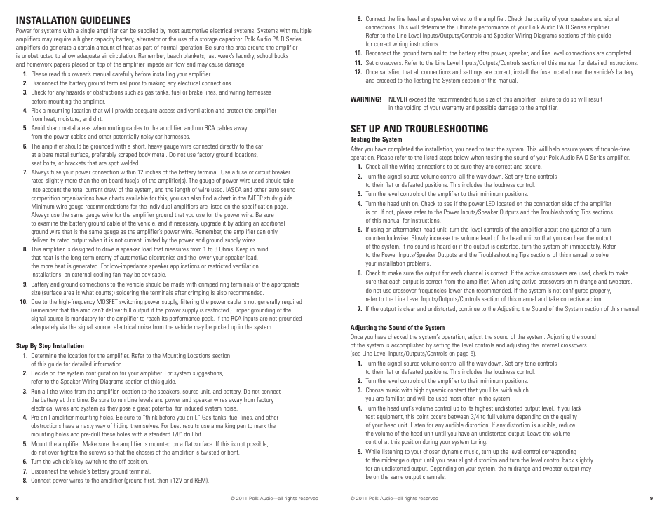 Installation guidelines, Set up and troubleshooting | Polk Audio PAD1000.1 User Manual | Page 5 / 32