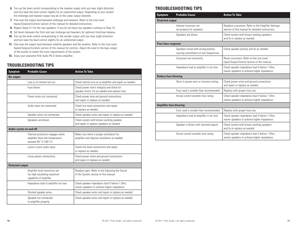 Troubleshooting tips | Polk Audio PAD1000.1 User Manual | Page 6 / 32