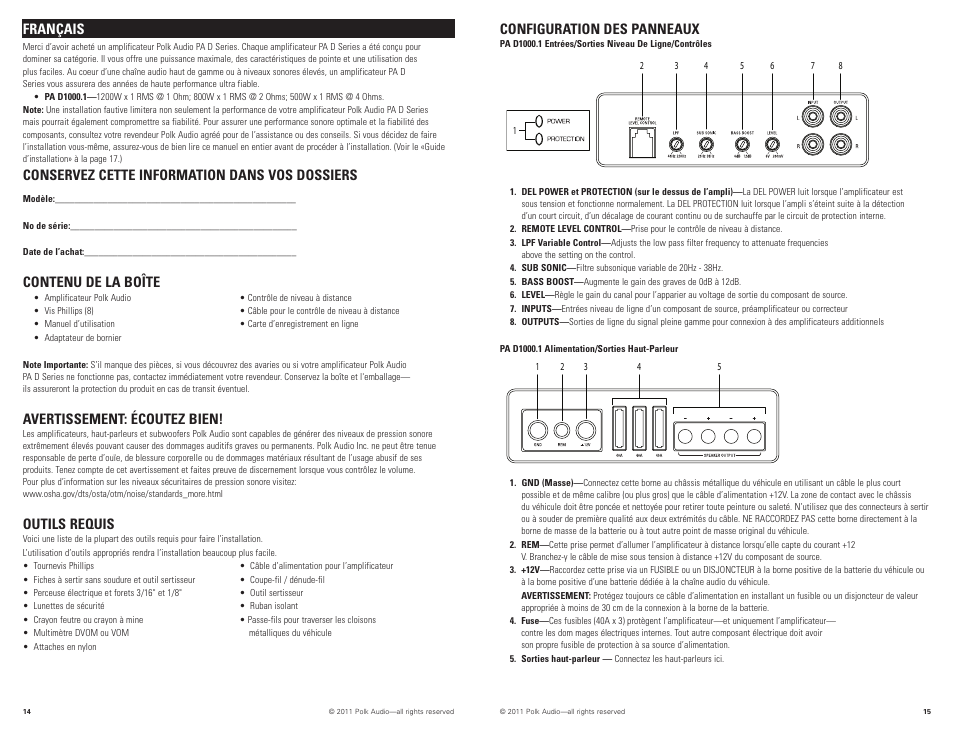 Configuration des panneaux, Français introduction, Conservez cette information dans vos dossiers | Contenu de la boîte, Avertissement: écoutez bien, Outils requis | Polk Audio PAD1000.1 User Manual | Page 8 / 32