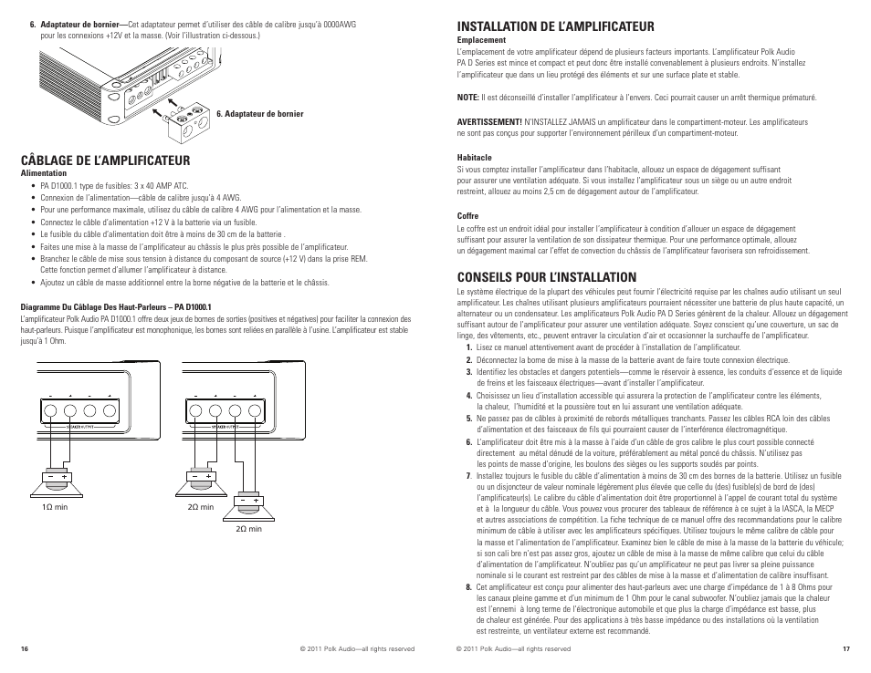 Installation de l’amplificateur, Conseils pour l’installation, Câblage de l’amplificateur | Polk Audio PAD1000.1 User Manual | Page 9 / 32