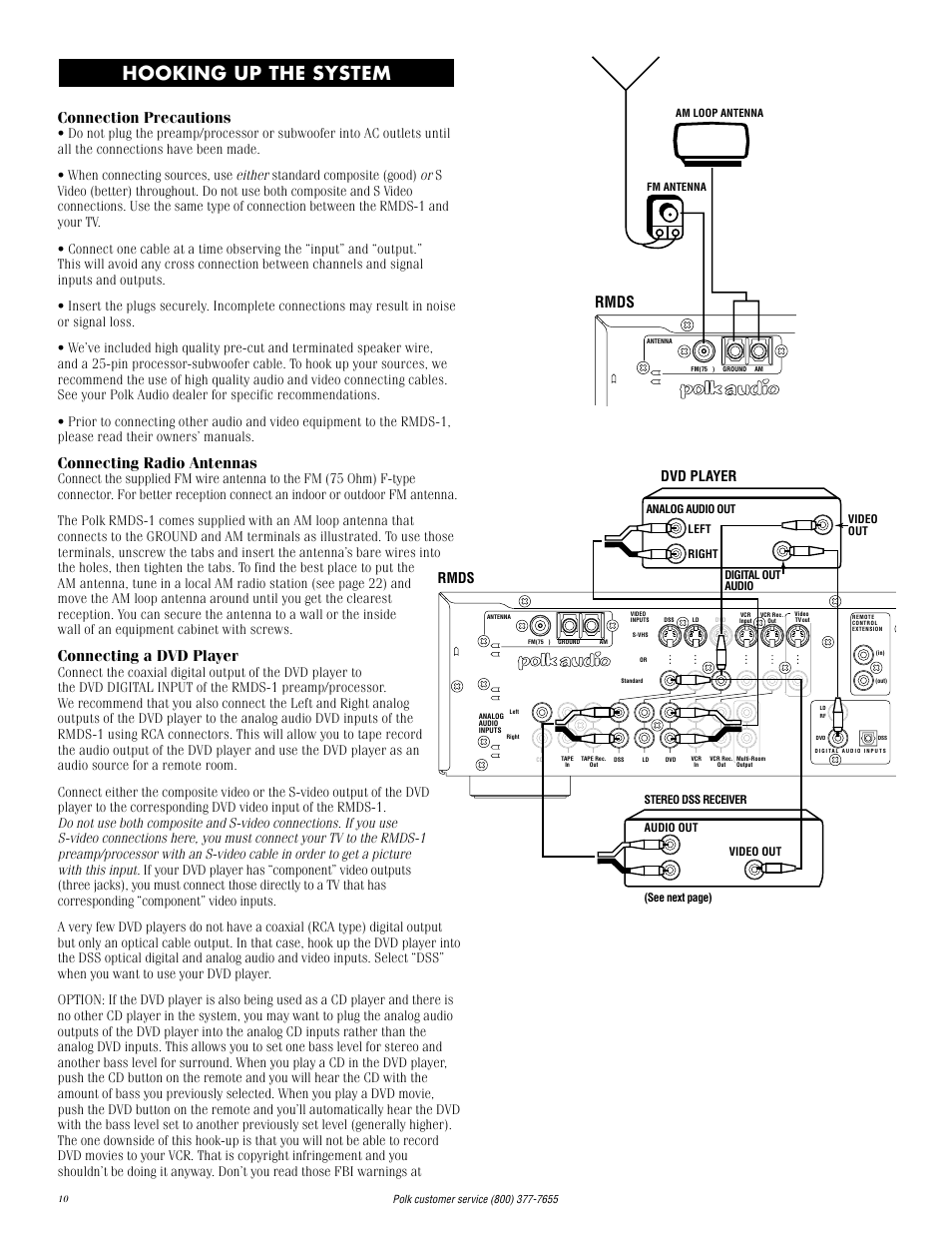 Hooking up the system, Connection precautions, Connecting radio antennas | Connecting a dvd player, Rmds, Dvd player | Polk Audio RMDS-1 User Manual | Page 10 / 32