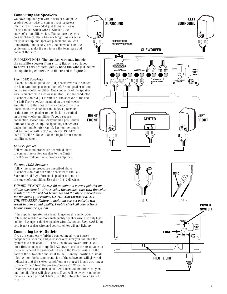 Connecting the speakers, Connecting to ac outlets, Subwoofer | Polk Audio RMDS-1 User Manual | Page 13 / 32