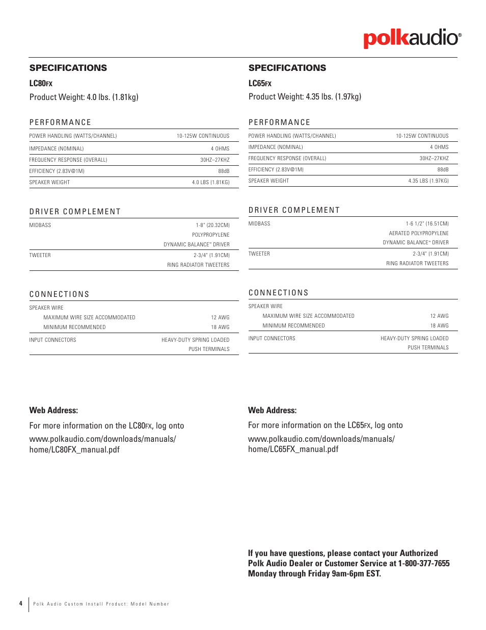Specifications lc80, Specifications lc65 | Polk Audio LC80fx User Manual | Page 4 / 4