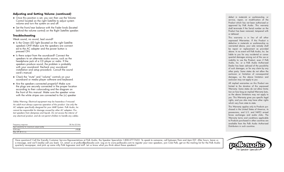 Adjusting and setting volume (continued), Troubleshooting | Polk Audio AMR150 User Manual | Page 2 / 2