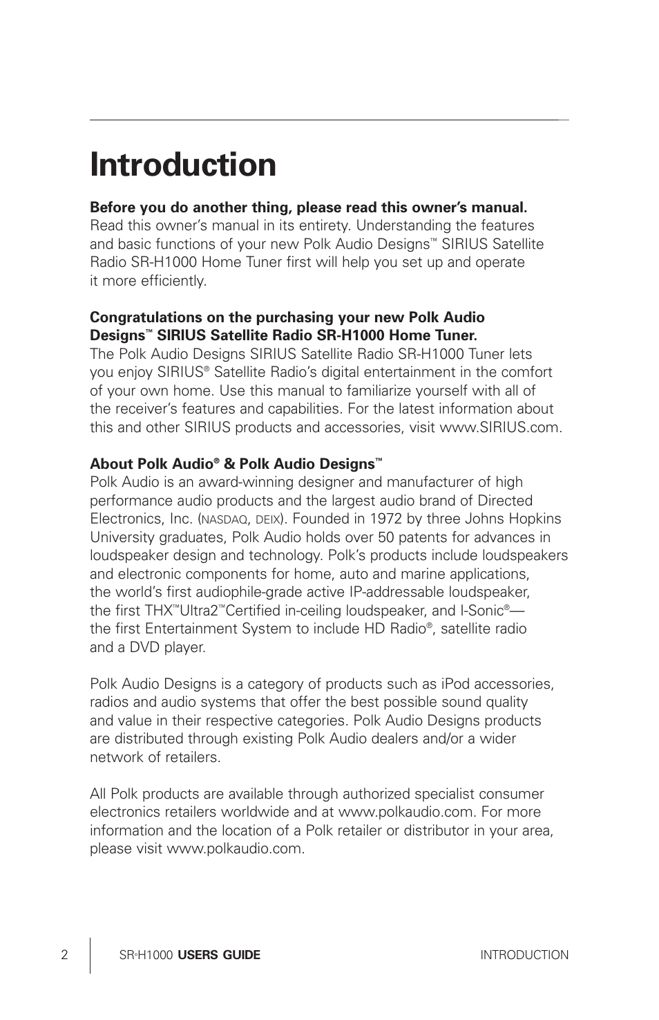 Introduction | Polk Audio Sirius Satellite Radio Tuner SRH1000 User Manual | Page 2 / 60