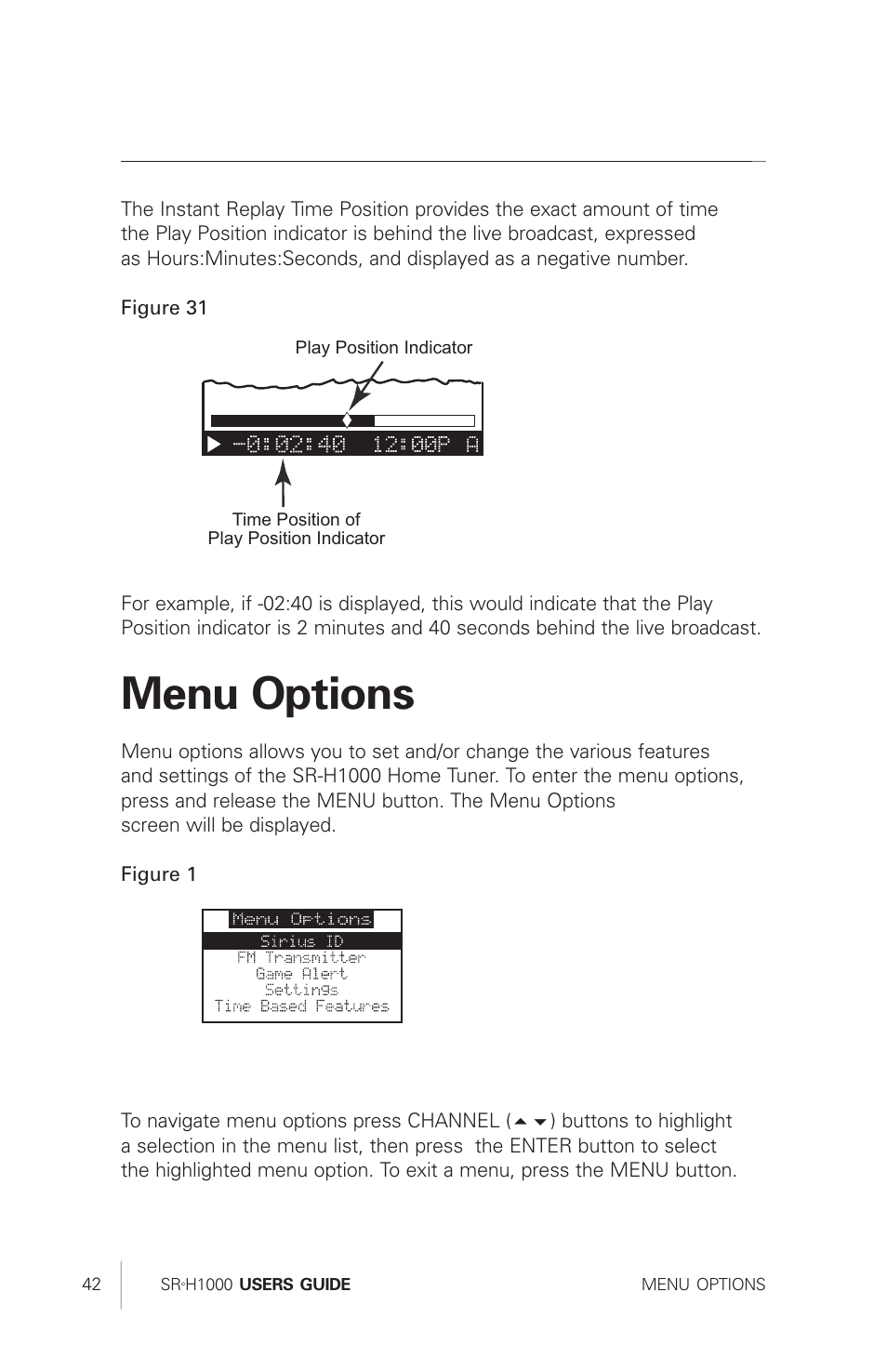 Menu options | Polk Audio Sirius Satellite Radio Tuner SRH1000 User Manual | Page 42 / 60